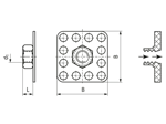 Technical drawing with dimensions of bigHead® SF1/S32 - Fastener with nut square head 32 x 32 mm sighted