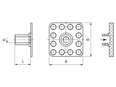 Technical drawing with dimensions of bigHead® SF2/B32 - Fastener with threaded collar square head 32 x 32 mm blind