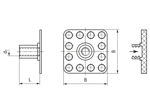 Technical drawing with dimensions of bigHead® SF2/B32 - Fastener with threaded collar square head 32 x 32 mm blind