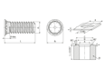 Technical drawing with dimensions of PEM® FHP - Self-clinching threaded studs with UNF thread, for stainless steel and metallic materials