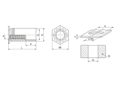 Technical drawing with dimensions of PEM® SOA - Self-clinching threaded standoffs open type, with UNC thread, for aluminum