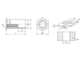 Technical drawing with dimensions of PEM® SO4 - Self-clinching threaded standoffs open type, for stainless steel and metallic materials