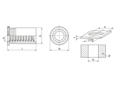 带尺寸的技术图：PEM® DSOS - 压铆螺柱 开口型，用于金属材质
