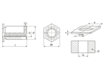 Technical drawing with dimensions of PEM® SOAG - Self-clinching threaded standoffs open type, for aluminum