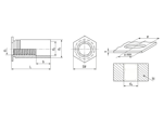 Technical drawing with dimensions of PEM® SOA - Self-clinching threaded standoffs open type, for metallic materials