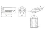Technical drawing with dimensions of PEM® TSOS - Self-clinching threaded standoffs open type, with unthreaded end, for metallic materials