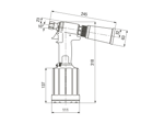 Technical drawing with dimensions of Huck® 2025LB - Hydropneumatic blind rivet tool without nose assembly