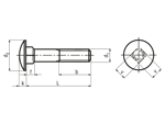 Technical drawing with dimensions of Round head square neck bolts without hex nuts
