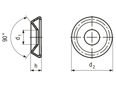 Technical drawing with dimensions of Finishing washers for 90° countersunk head screws