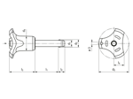 Technical drawing with dimensions of HALDER EH 22380. - Ball lock pins self-locking, with combination handle Handle: gray / orange
