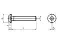 Technical drawing with dimensions of Hexalobular (6 Lobe) socket tamper proof button head cap screws with center pin