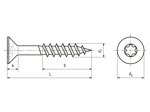 Technical drawing with dimensions of Hexalobular (6 Lobe) socket  flat head countersunk screws double neck chipboard screws, partially threaded