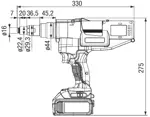 Technical drawing with dimensions of STANLEY® Assembly Technologies ProSet® PB3400-QW1822 - Battery-Powered Blind Rivet Tool in plastic carry case fully equipped