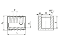 Technical drawing with dimensions of FASTEKS® FTI SC-07/08 - Self-cutting thread inserts with cutting hole, for light metals, thermoplastics and thermoset plastics