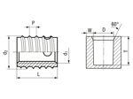 Technical drawing with dimensions of FASTEKS® FTI SC-07/08 - Self-cutting thread inserts with cutting hole, for light metals, thermoplastics and thermoset plastics