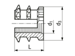 Technical drawing with dimensions of IN-STOP® C MV2 - Press-in threaded inserts with expansion anchoring without head, with gear rim and anchoring profile, for thermoplastics