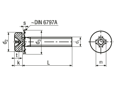 Technical drawing with dimensions of Phillips cross recessed cheese head screws form H, with captive tooth lock washer ~DIN 6797 A