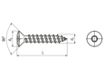 Technical drawing with dimensions of Hexalobular (6 Lobe) socket oval head chipboard screws