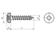 Technical drawing with dimensions of Hexalobular (6 Lobe) socket pan head chipboard screws