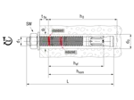 Technical drawing with dimensions of Tecfi ZJE01 - Wedge anchors with washer DIN 125 A and hex nut