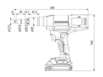 Technical drawing with dimensions of STANLEY® Assembly Technologies ProSet® PB2500-QW183 - Battery-Powered Blind Rivet Tool in plastic carry case fully equipped