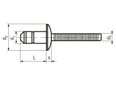 Technical drawing with dimensions of AVDEL® Avinox® BE61 - Blind rivets dome head