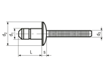 Technical drawing with dimensions of AVDEL® Avinox® BE61 - Blind rivets dome head
