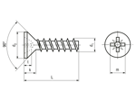 Technical drawing with dimensions of ecosyn® plast - Flat countersunk head screws with cross recess Pozidriv type Z