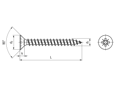Technical drawing with dimensions of Pozi flat countersunk head chipboard screws form Z