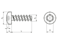 Technical drawing with dimensions of ecosyn® plast - Pan head screws with hexalobular (6 Lobe) socket