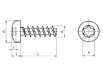 Technical drawing with dimensions of ecosyn® plast - Pan head screws with hexalobular (6 Lobe) socket
