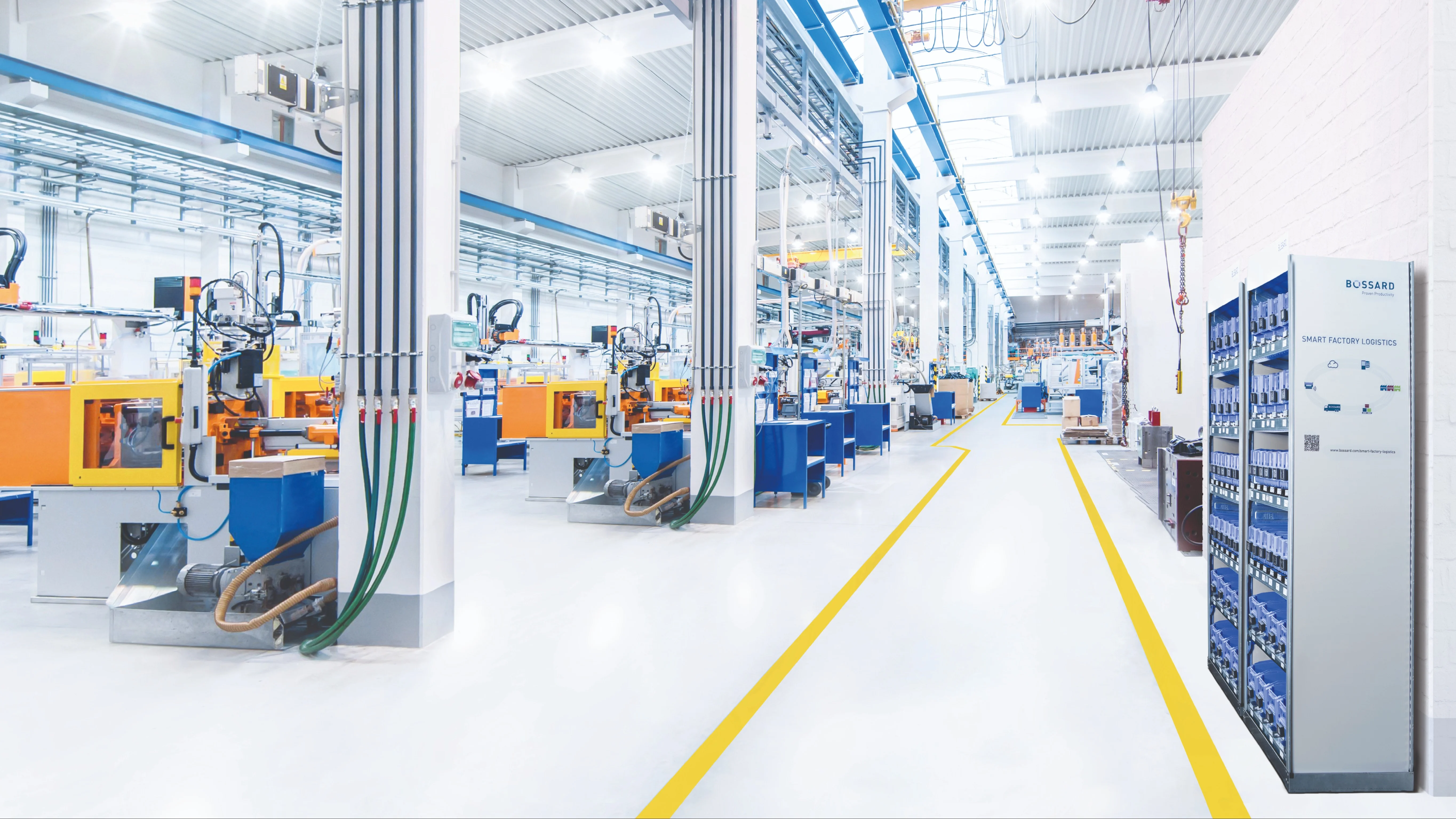 View of a production facility with an SFL rack and work cells