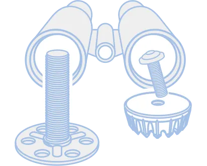 Two special fastening elements, a bigHead and a MM-Welding fastener, in front of a binocular.