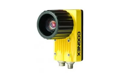 A yellow and black COGNEX industrial vision sensor on a white background.