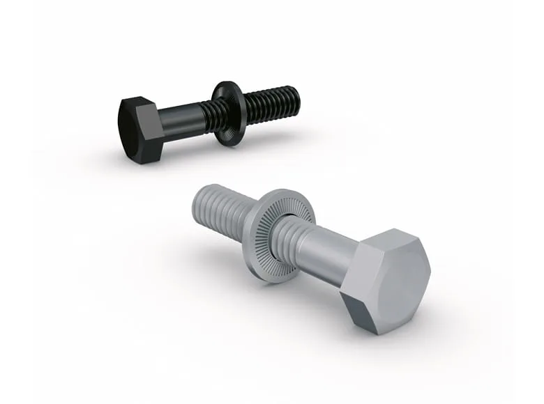 Two sets of screws and washers, one with a black coating and one with a grey coating, on a white background.