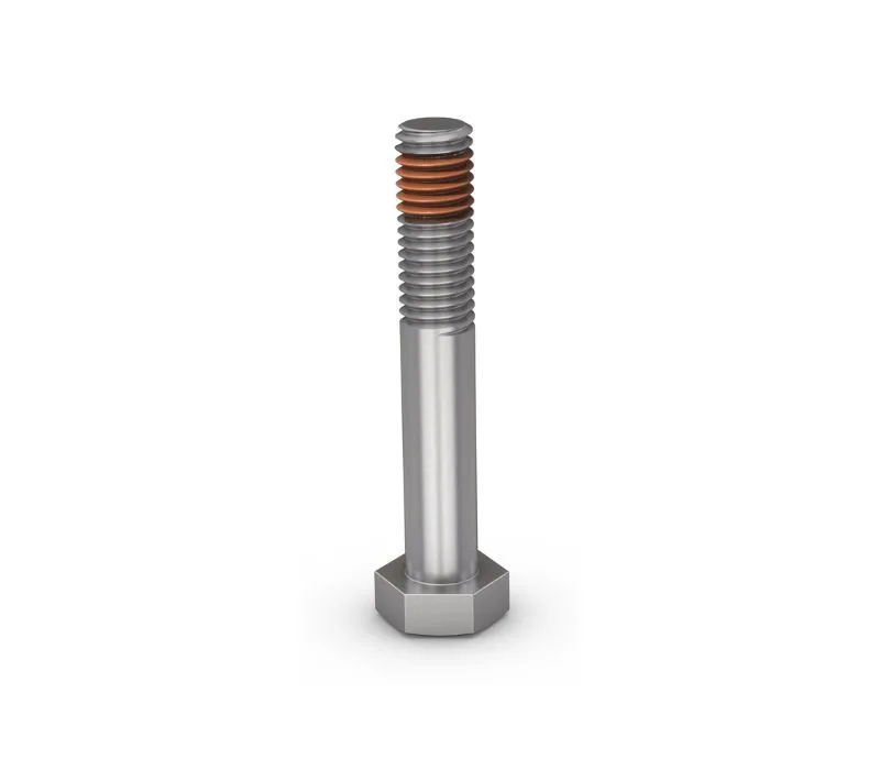 A hex-cap metric stainless steel screw with an orange Nytemp® All-Round coating on white background
