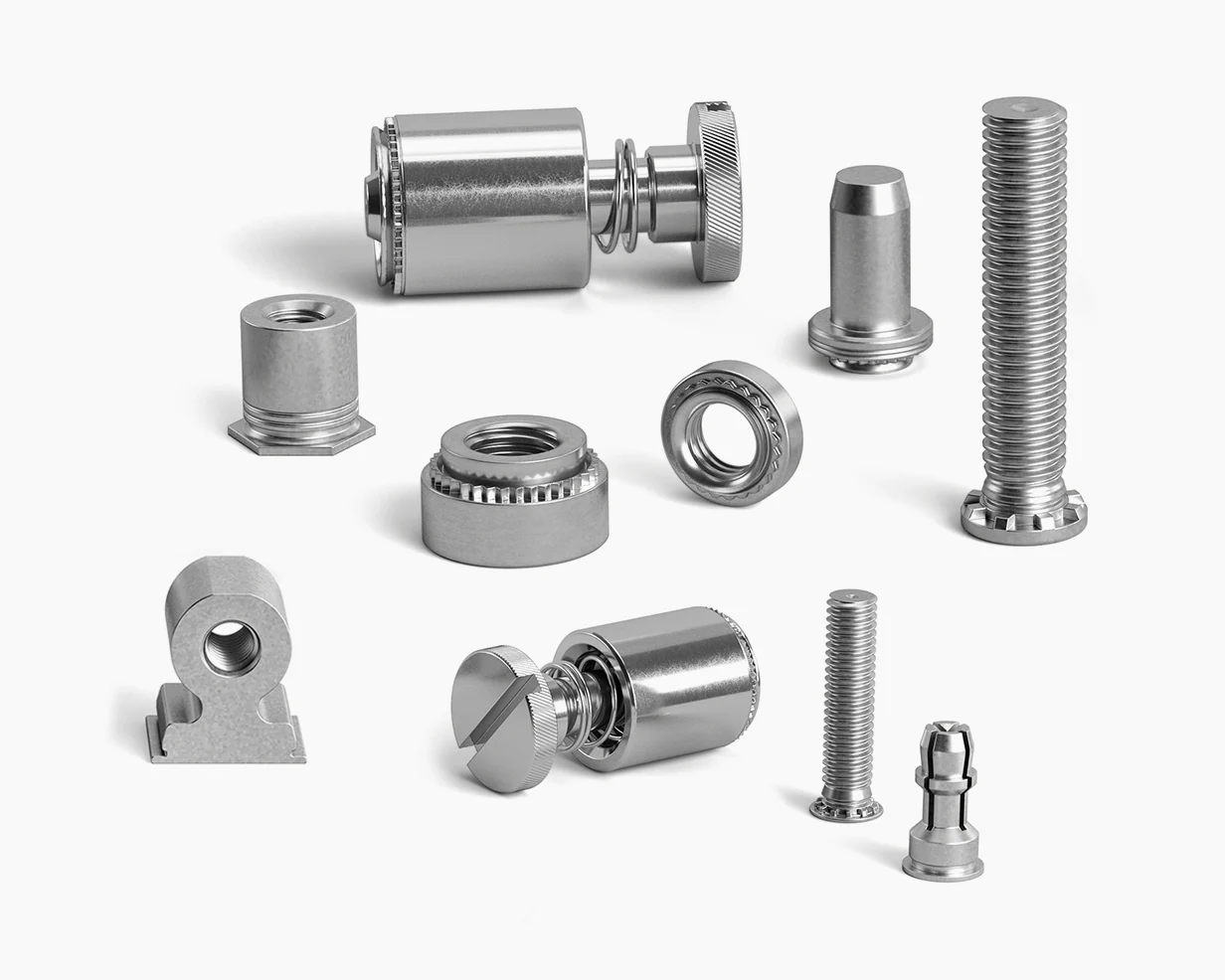 Different types of self-clinching fasteners, including nuts, studs and standoffs