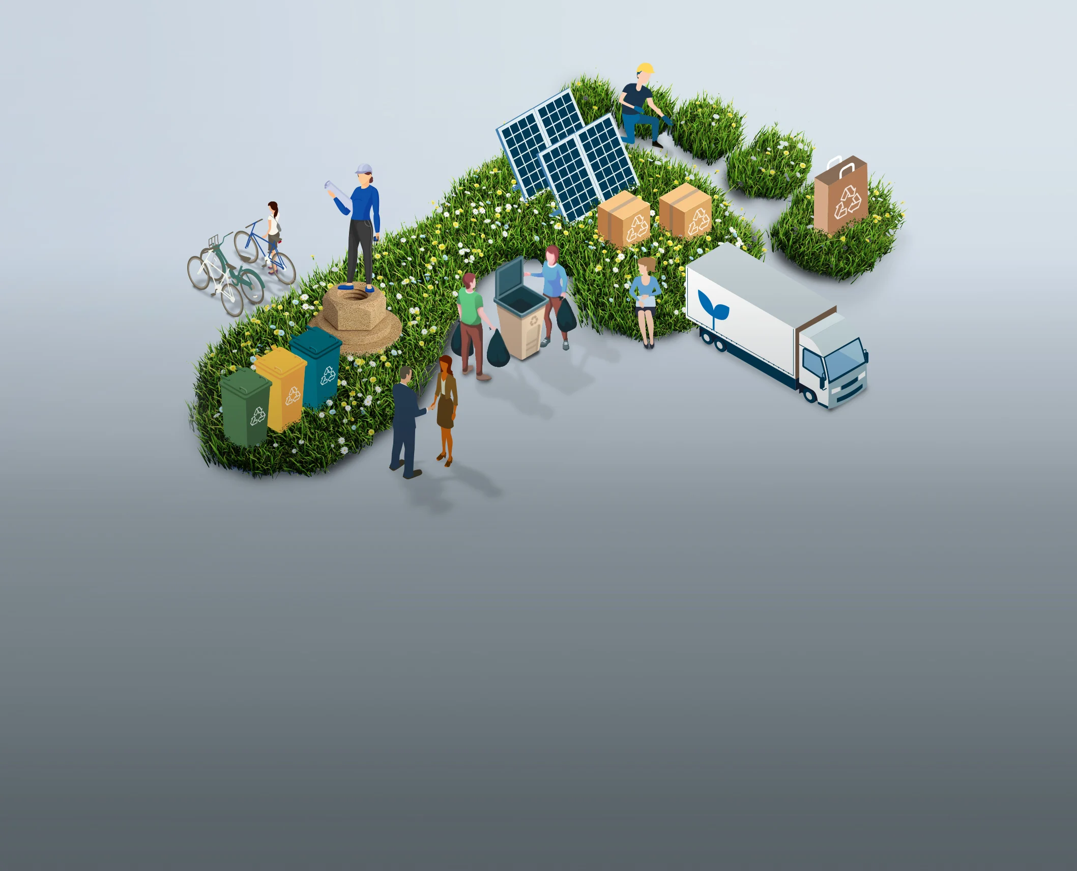 A group of people standing in a green space that has the shape of a footprint