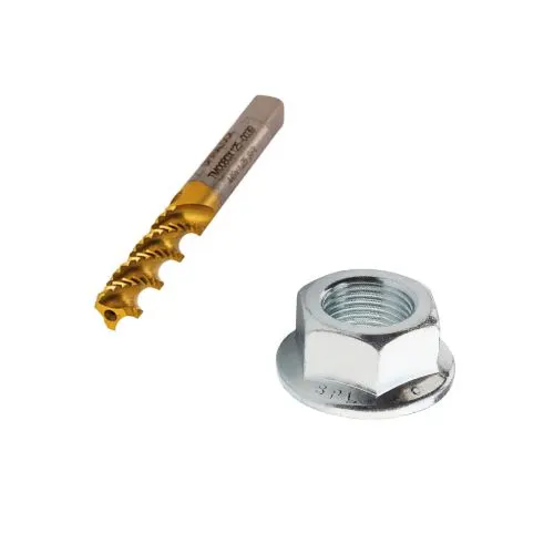 两个Spiralock紧固件元素,一个六角法兰螺母和一个切削螺纹工具在白色背景上