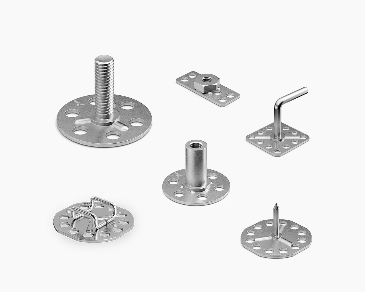 Six different types of embedding and surface bonding fasteners on a white bakcground.