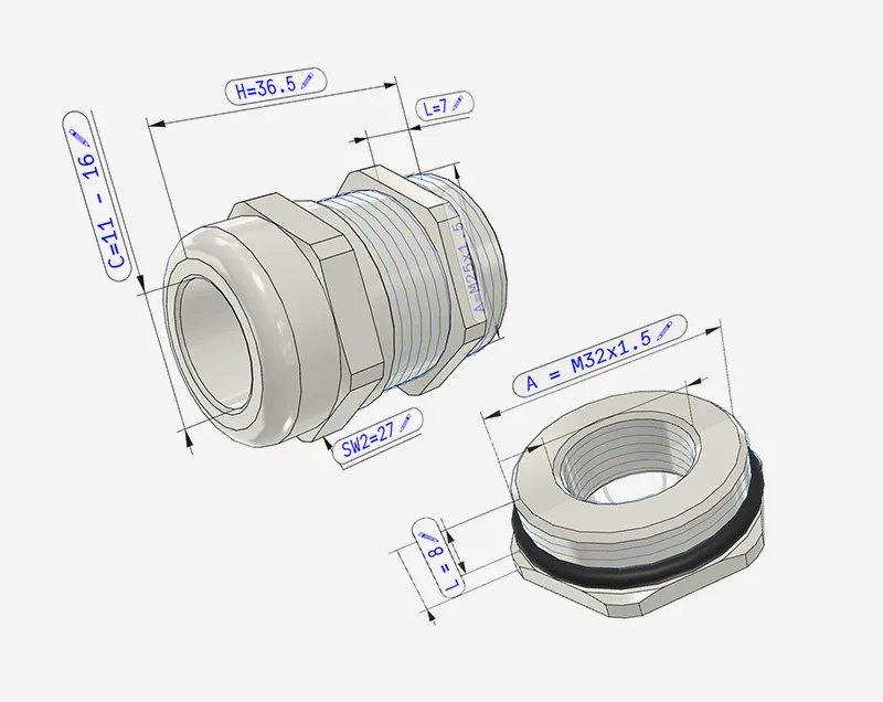 A cable gland and a washer 3D model with indication of dimensions on light grey background.