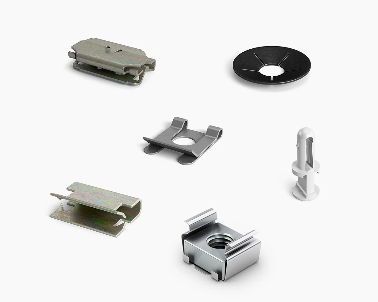 Six different types of clip fasteners on a white background.