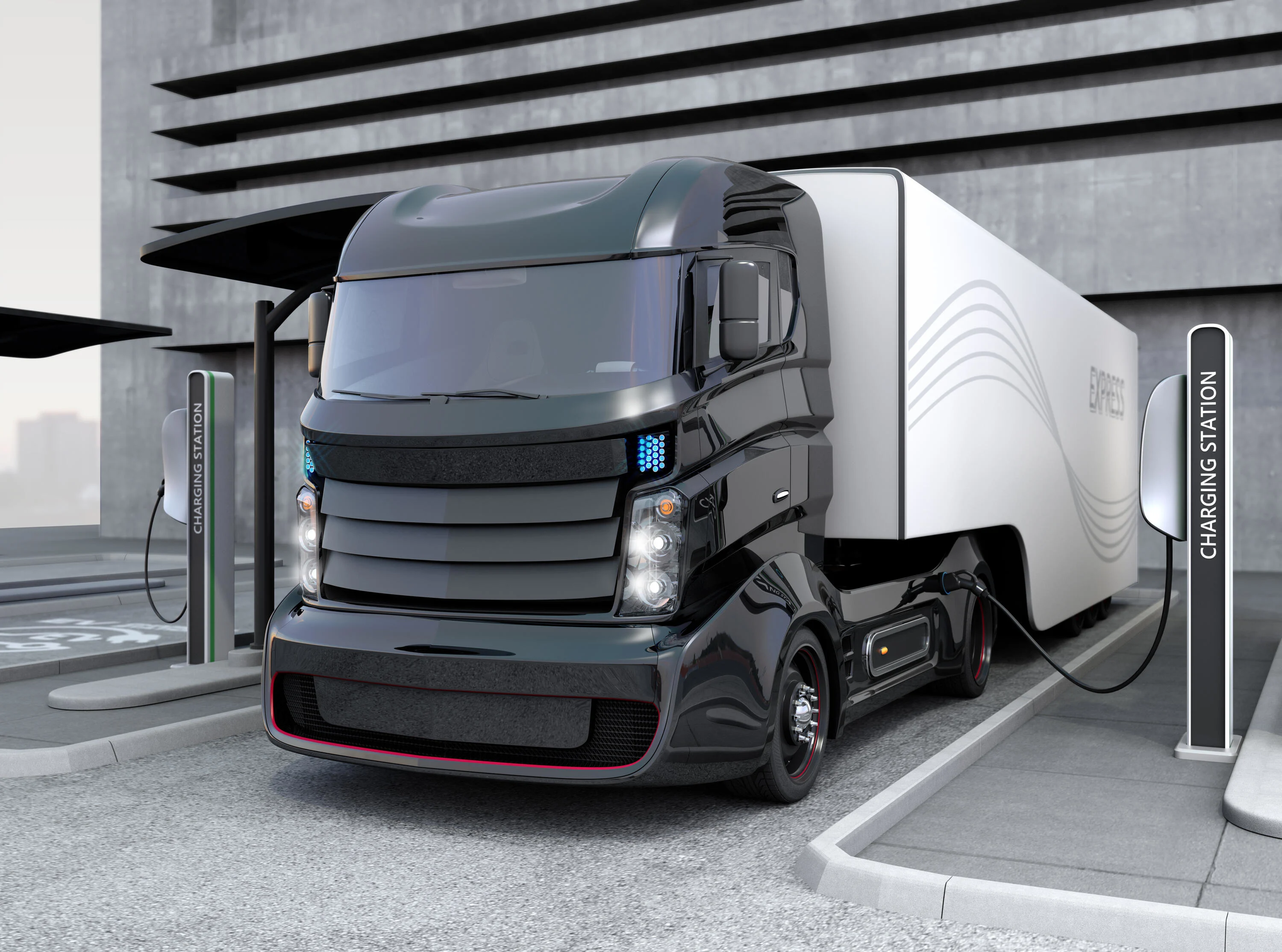 Hybrid electric truck charging at station. 3D rendering.