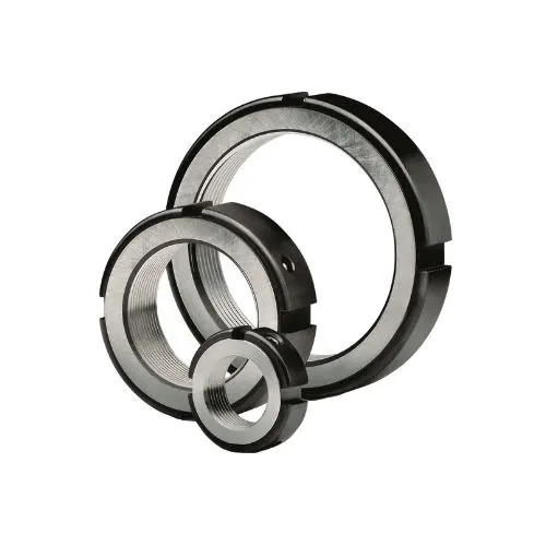 三种不同尺寸的FASTEKS Precisko高精度锁紧螺母在白色背景上