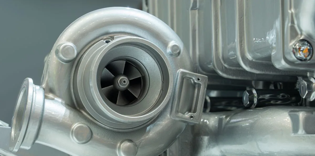 Close-up view of a turbo engine featuring a prominent turbocharger, showcasing intricate details and engineering design.