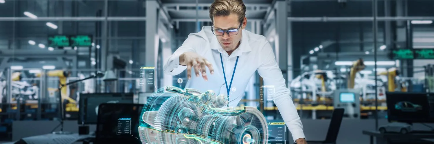 Engineer in a white shirt looking at a 3D graphic model of machine.