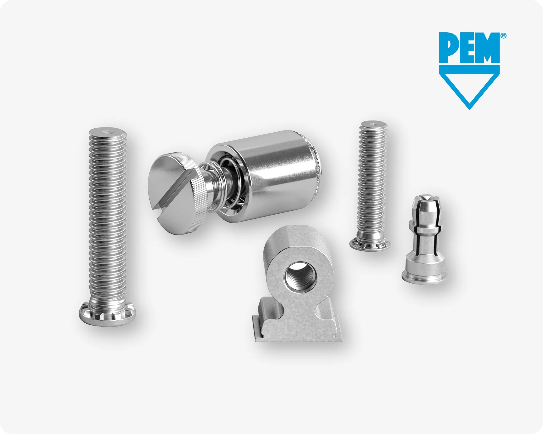 Five different PEM self-clinching fasteners, including threaded studs, a right angle fastener, and a captive screw.