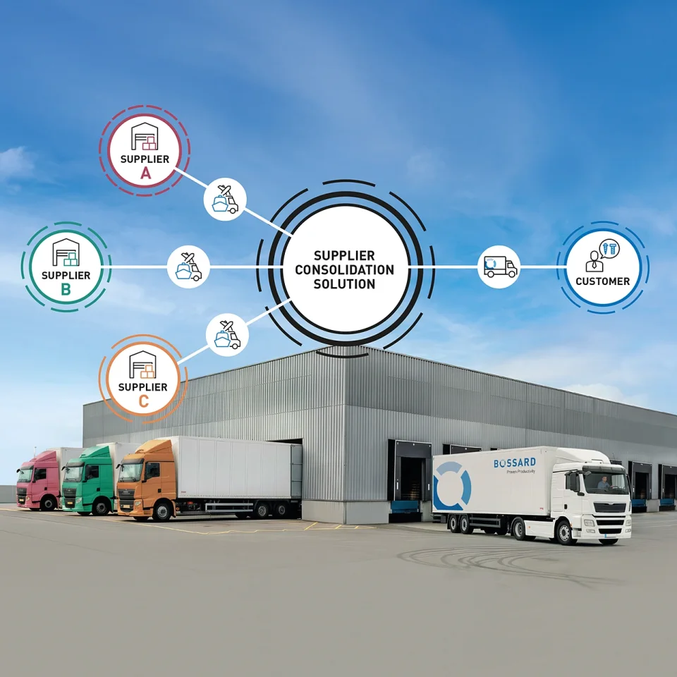 Illustration that showcases the consolidation of several suppliers at Bossard to deliver C-parts from one single source