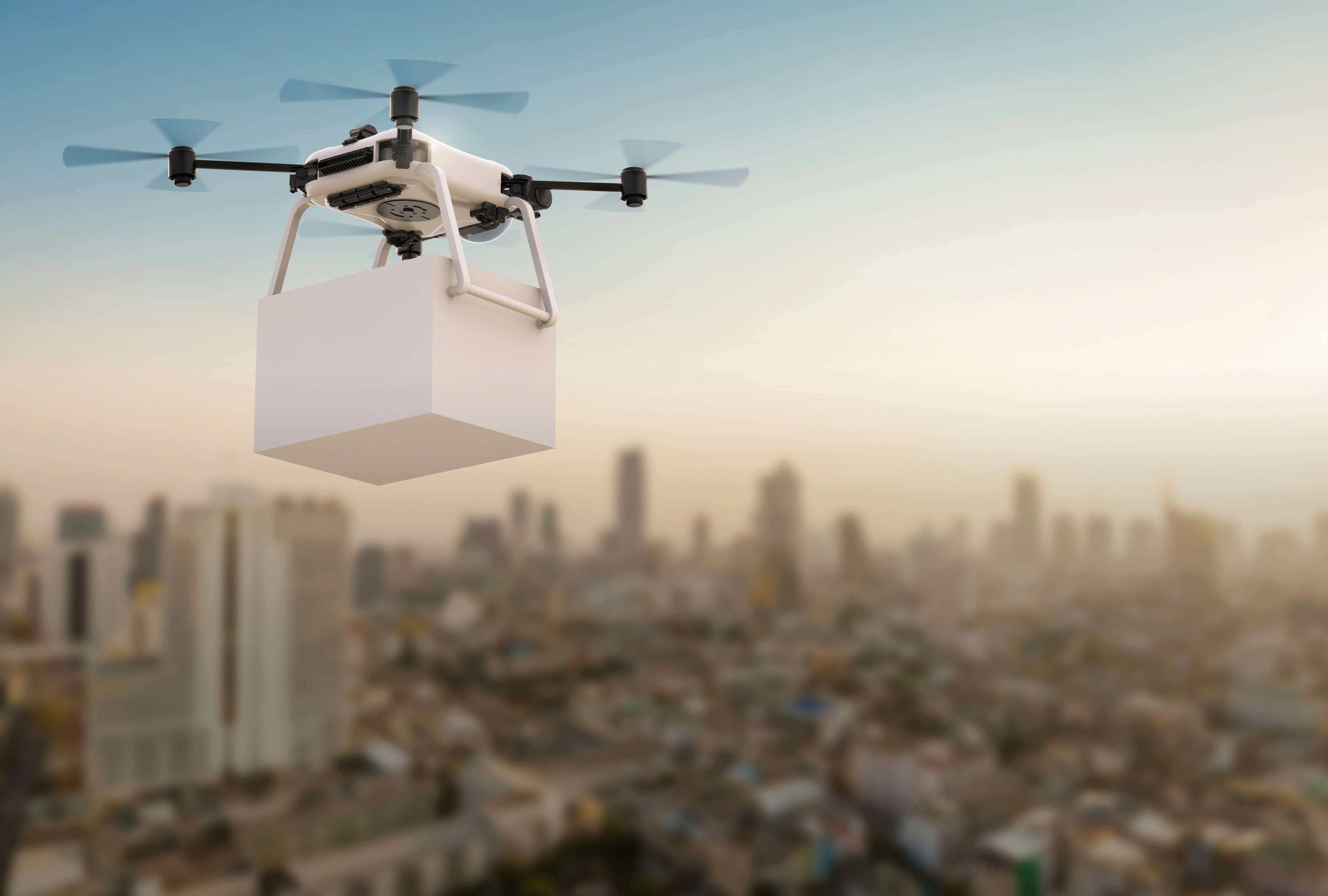 A futuristic drone soaring above a cityscape, symbolizing the advancement of drone delivery technology.
